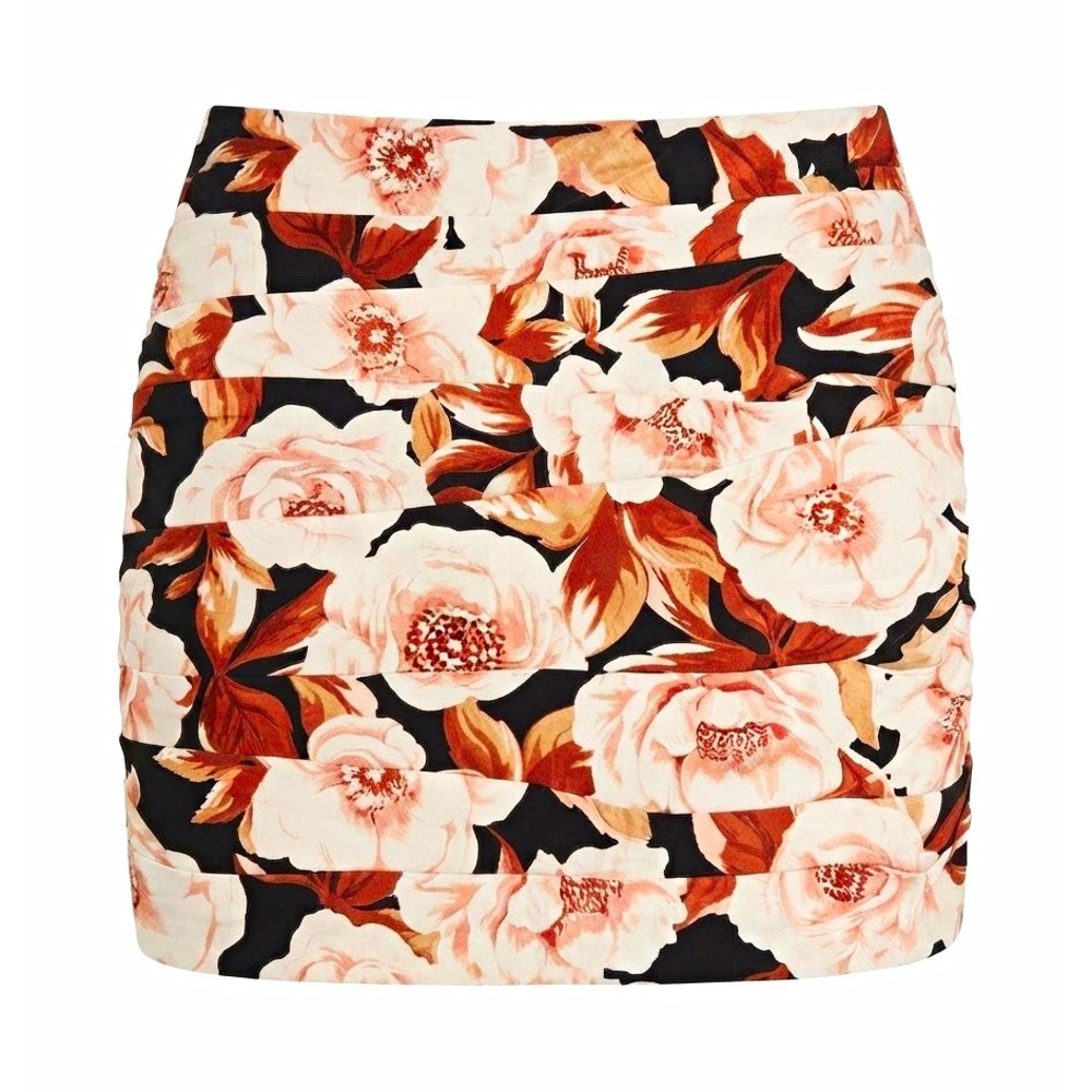 Express Floral Ruched Mini Skirt Womens L Black White Brown Lined Stretch Zip
